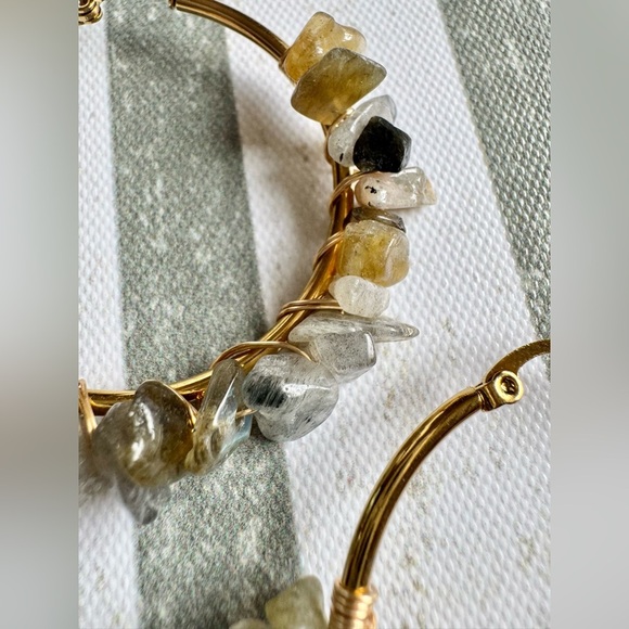 New Natural Labradorite Stone Wire Wrapped Gold Tone Hoop Earrings - 2” - Picture 7 of 9